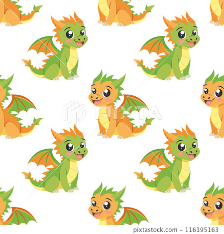 Seamless pattern, cute colorful dragons on a white background. Cute cartoon dinosaurs. Design for textiles, print Seamless pattern, cute colorful dragons on a white background. Cute cartoon dinosaurs. Design for textiles, print 116195163