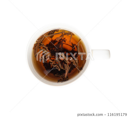 Tea Brewing Process in White Cup Isolated, Stages of Brewing Black Tea, Brew Ceremony, White Background 116195179