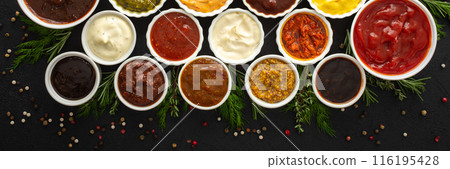 Sauces in bowls with seasonings 116195428