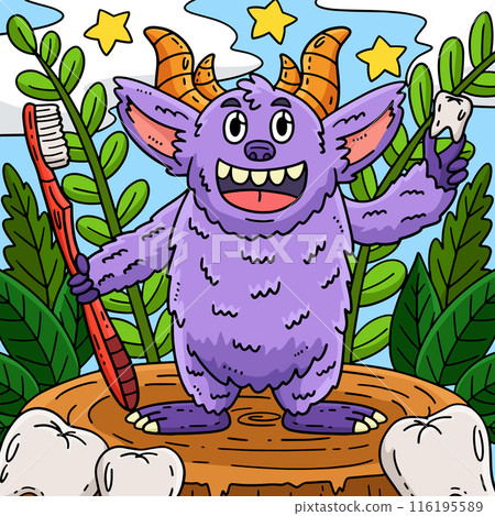 Dental Care Monster Colored Cartoon Illustration 116195589