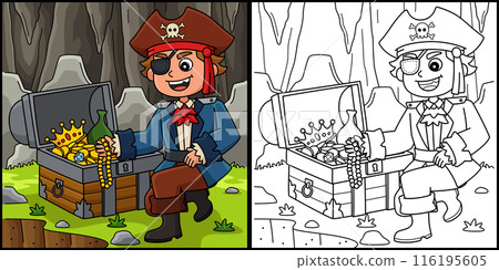 Pirate with Treasure Coloring Page Illustration Pirate with Treasure Coloring Page Illustration 116195605