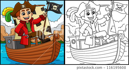 Pirate on Boat Coloring Page Colored Illustration 116195608