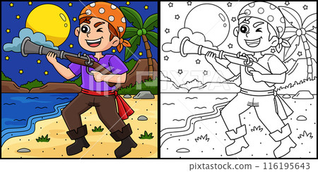 Pirate with a Gun Coloring Page Illustration 116195643