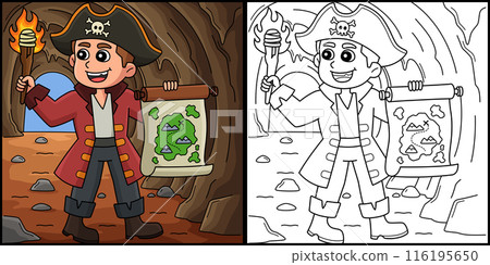 Pirate Treasure Map Coloring Page Illustration 116195650