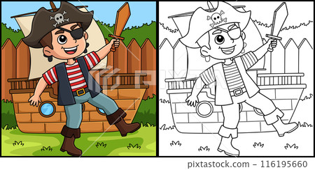 Pirate Boy Coloring Page Colored Illustration 116195660