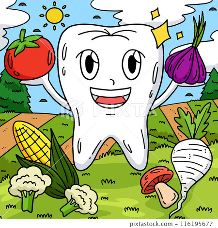 Dental Care Tooth and Vegetables Colored Cartoon 116195677