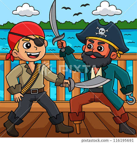 Pirate Fighting Colored Cartoon Illustration Pirate Fighting Colored Cartoon Illustration 116195691