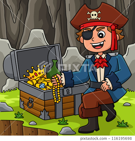 Pirate With Treasure Colored Cartoon Illustration Pirate With Treasure Colored Cartoon Illustration 116195698