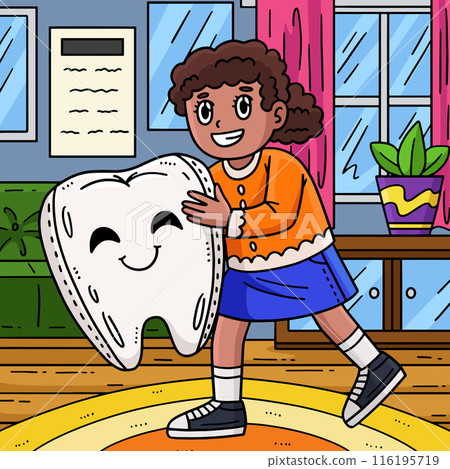 Dental Care Child Hugging Giant Tooth Colored Dental Care Child Hugging Giant Tooth Colored 116195719