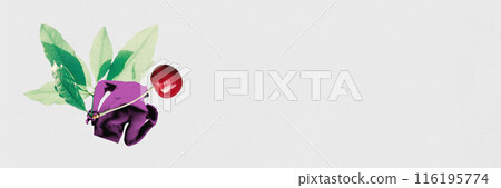 Vibrant summer. Purple male figure with green leaves and red cherry head, symbolizing playful and lively essence of summer. Contemporary art collage. 116195774