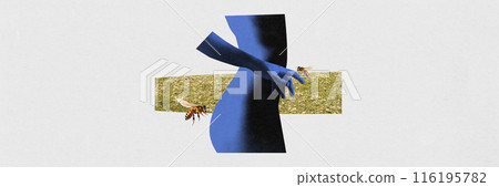 Summer harmony. Abstract female body part interacting with bees against grass backdrop, symbolizing t serene connection between humans and nature. Contemporary art collage. 116195782