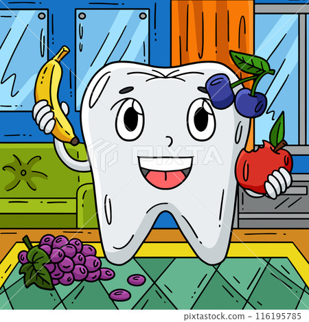 Dental Care Tooth Consuming Fruits Colored Cartoon 116195785