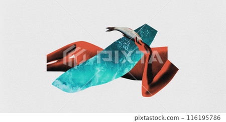 Ocean dream. Abstract blend of female figure with oceanic wave and a fish, evoking freedom and adventure of sea in summer. Contemporary art collage. 116195786
