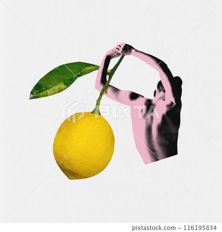 Abstract blend of stretching figure and vibrant lemon, symbolizing the freshness and vitality of summertime, Refreshment. Contemporary art collage. 116195834
