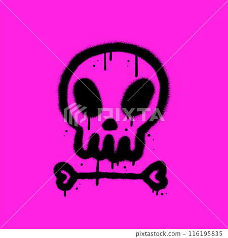 Spray painted skull with bone. Urban Graffiti drawing symbol. Skull with black eyes. Vector illustration. 116195835