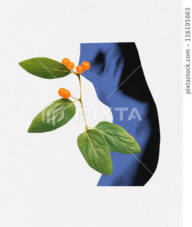Summer elegance. Abstract portrayal of body with vibrant green leaves and orange berries to capture essence of beauty in nature. Contemporary art collage. 116195863