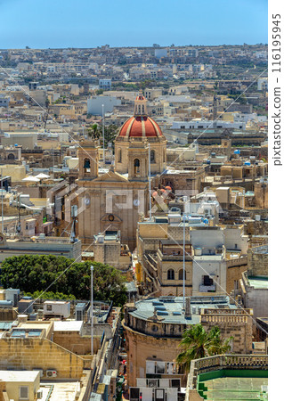 Panorama with St George's Basilica from vintage Citadel in Victoria, Gozo Malta 116195945