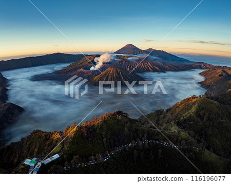 Aerial drone view of Bromo active volcano with Kingkong hill viewpoint, Tengger Semeru national park, East Java, Indonesia 116196077