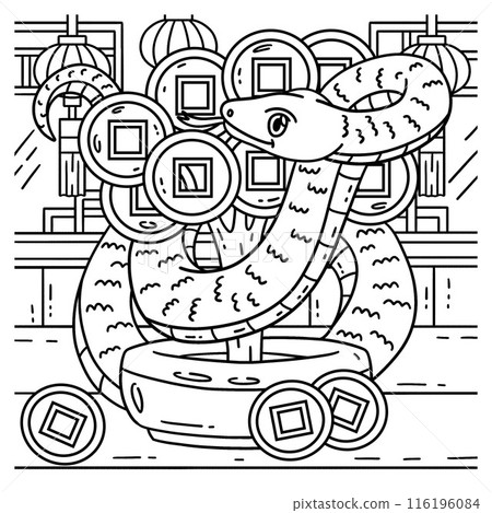 Year of the Snake and Coin Tree Coloring Page  116196084