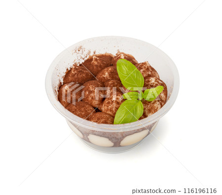 Tiramisu Cake Isolated, Coffee Dessert, Italian Tiramisu Biscuit with Mascarpone and Cocoa Powder 116196116