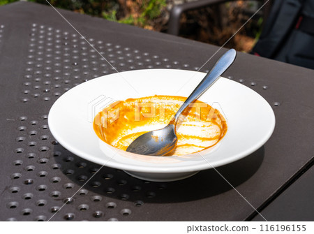Food remains in plate, red leftovers, smeared sauce after lunch or dinner. Empty dirty plates, food waste 116196155
