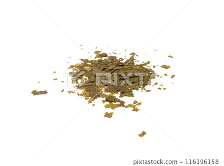 Spirulina Flakes Isolated, Arthrospira Algae Nutrient for Aquarium Fishes, Spirulina Flakes on White 116196158