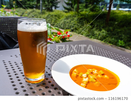 Creamy tomato soup or bisque with croutons, delicious rich smooth texture, perfect healthy lunch 116196170