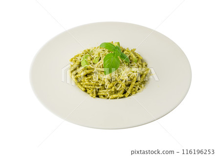 Trofie Al Pesto, Italian Pasta with Pesto Sauce, Traditional Genovese Troffie, Fusilli Pugliesi, Liguria Food Trofie Al Pesto, Italian Pasta with Pesto Sauce, Traditional Genovese Troffie, Fusilli Pugliesi, Liguria Food 116196253