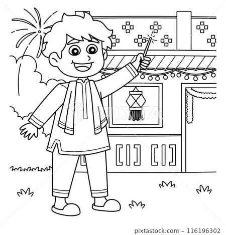 Diwali Festival Child with Fireworks Coloring Page 116196302