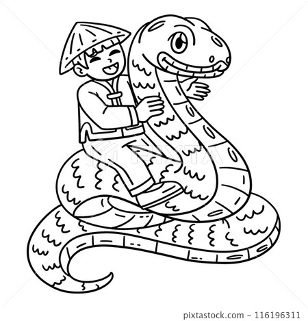 Year of the Snake Child Riding a Snake Isolated  116196311