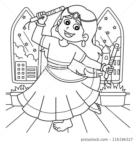 Diwali Festival Girl Dancing with Sticks Coloring  116196327