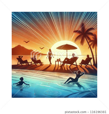 夕陽照亮的剪影和度假村熱帶島嶼 116196381