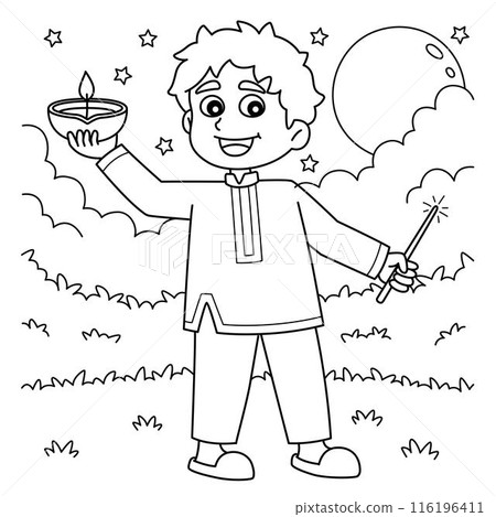 Diwali Boy Celebrating Coloring Page for Kids 116196411