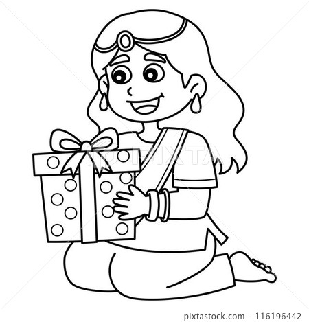 Diwali Girl Holding Gift Isolated Coloring Page  116196442