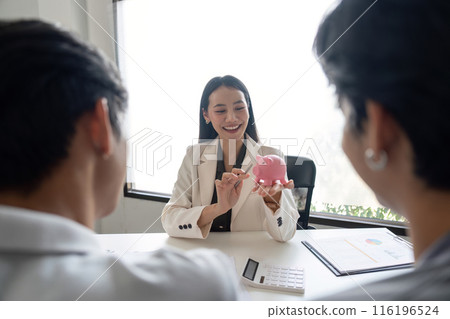 Financial advisor explaining savings plan to LGBTQIA gay couple. Concept of financial education and planning Financial advisor explaining savings plan to LGBTQIA gay couple. Concept of financial education and planning 116196524