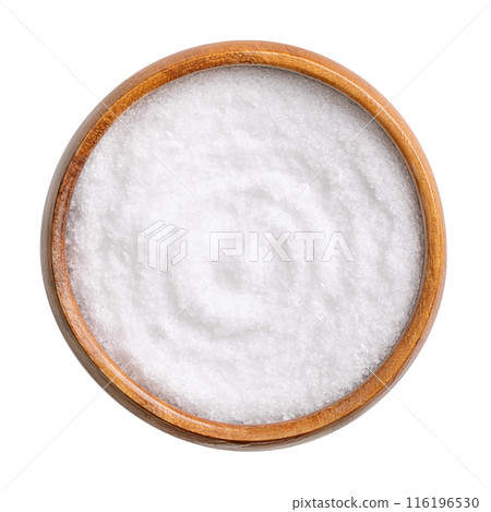 Birch sugar, table sweetener based on xylitol, in a wooden bowl, from above. Also called xylite, a sugar substitute of natural origin with 40 percent fewer calories. 116196530