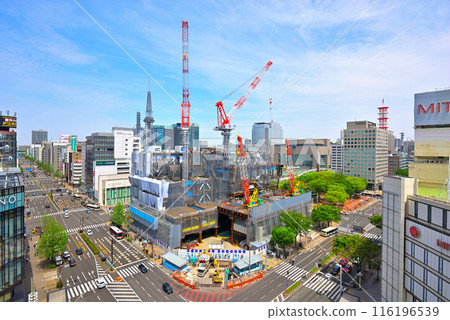 Aichi Prefecture: Nagoya cityscape: High-rise building under construction in Sakae, Naka Ward Aichi Prefecture: Nagoya cityscape: High-rise building under construction in Sakae, Naka Ward 116196539