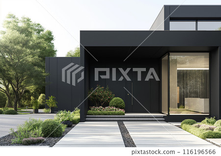 具有黑色外觀和種植的現代房屋的形象 116196566