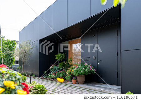 具有黑色外觀和種植的現代房屋的形象 具有黑色外觀和種植的現代房屋的形象 116196571