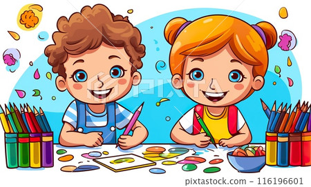 happy children painting with crayons and watercolor paint, colorful illustration, generative AI 116196601