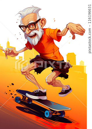 cartoon illustration of cool old active senior man skater with skateboard have fun, generative AI 116196631