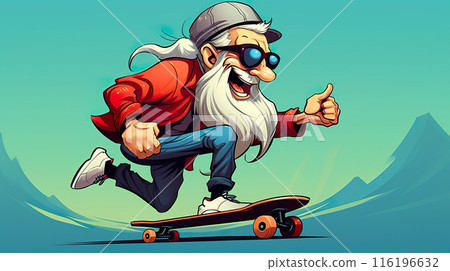 cartoon illustration of cool old active senior man skater with skateboard have fun, generative AI 116196632