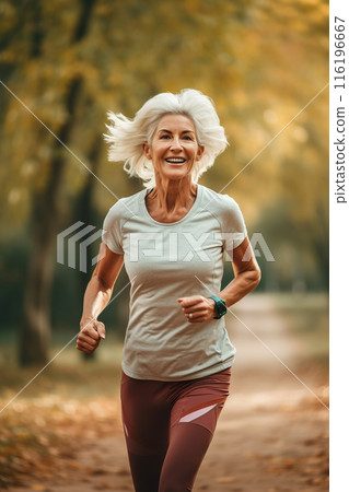 happy senior woman running in park, retired old female jogging at nature, generative AI 116196667