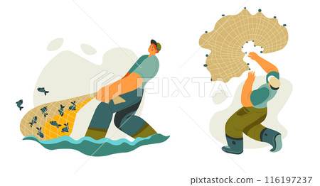 Fishermen Catching Fish With Nets 116197237