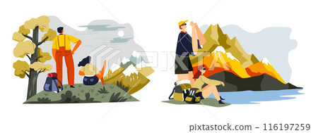 Hikers Enjoying Mountain Scenery vector 116197259