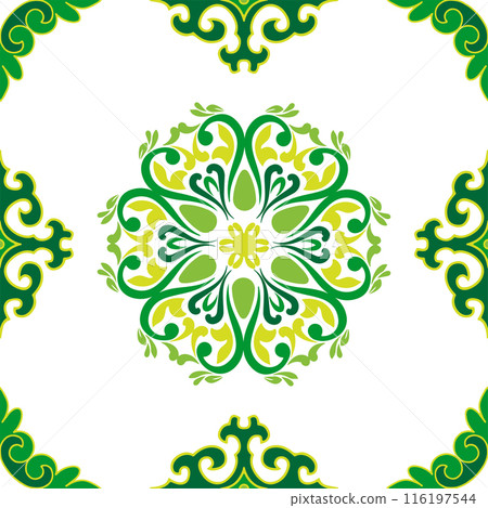 Real Tatar seamless pattern. Islamic floral geometry. Culture of the Tatar people, symbols of green and red. Real Tatar seamless pattern. Islamic floral geometry. Culture of the Tatar people, symbols of green and red. 116197544