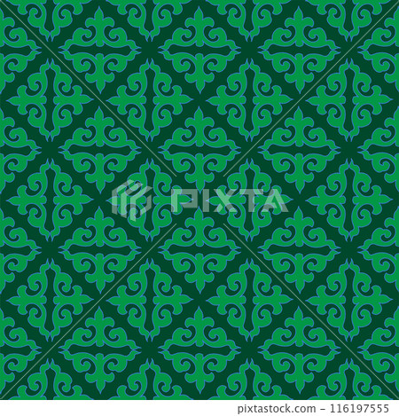 Real Tatar seamless pattern. Islamic floral geometry. Culture of the Tatar people, symbols of green and red. Real Tatar seamless pattern. Islamic floral geometry. Culture of the Tatar people, symbols of green and red. 116197555