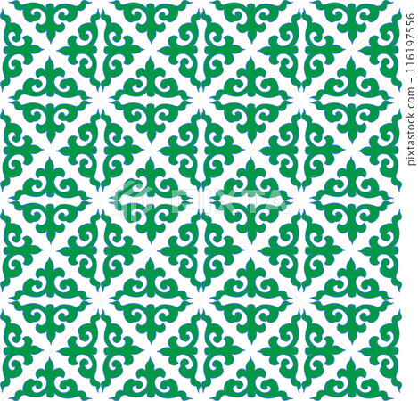 Real Tatar seamless pattern. Islamic floral geometry. Culture of the Tatar people, symbols of green and red. Real Tatar seamless pattern. Islamic floral geometry. Culture of the Tatar people, symbols of green and red. 116197556