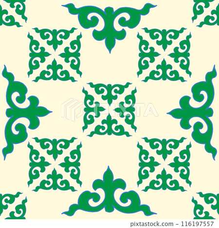 Real Tatar seamless pattern. Islamic floral geometry. Culture of the Tatar people, symbols of green and red. Real Tatar seamless pattern. Islamic floral geometry. Culture of the Tatar people, symbols of green and red. 116197557