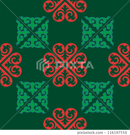 Real Tatar seamless pattern. Islamic floral geometry. Culture of the Tatar people, symbols of green and red. Real Tatar seamless pattern. Islamic floral geometry. Culture of the Tatar people, symbols of green and red. 116197558